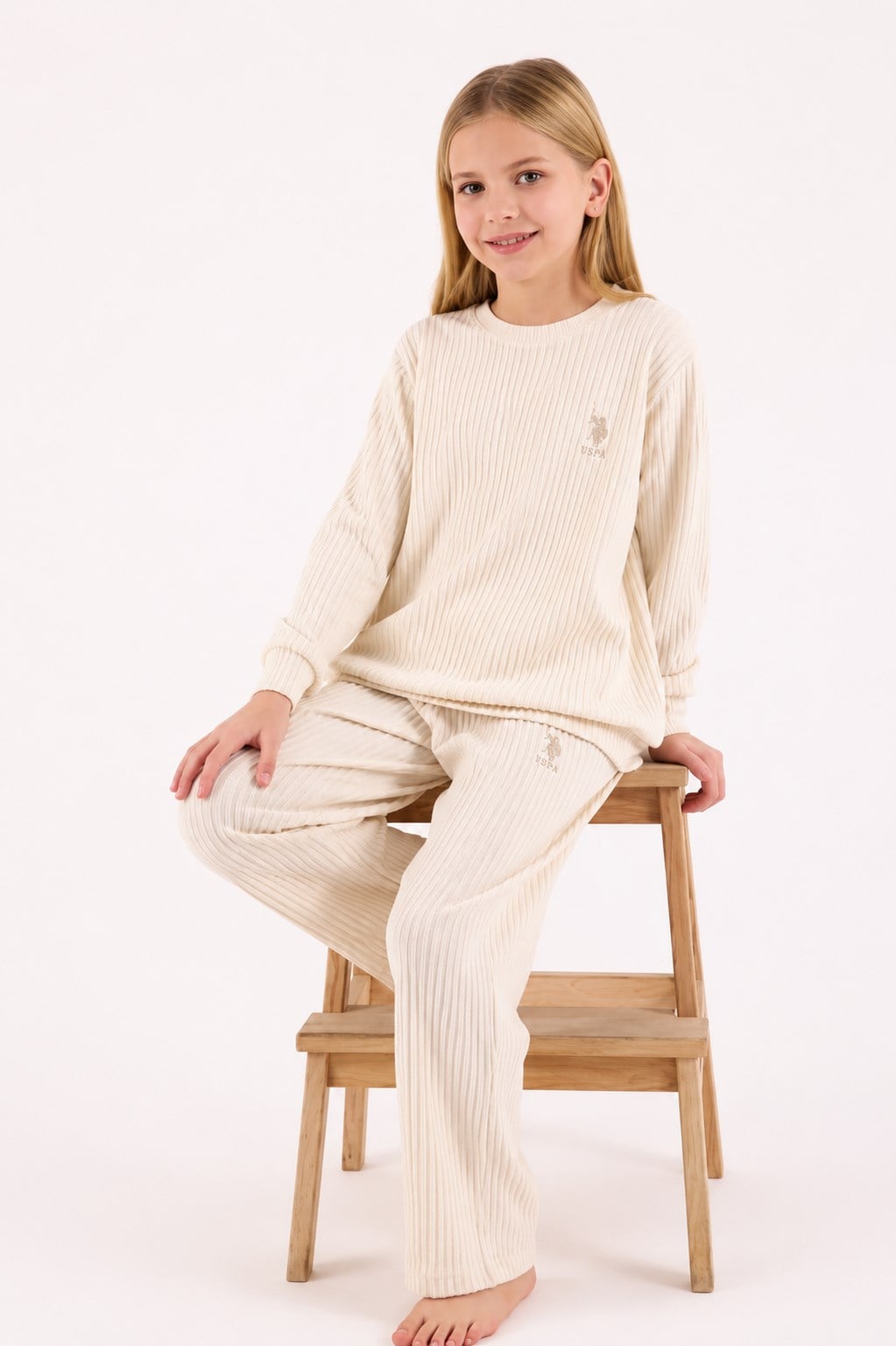 U.S. Polo Assn.Kız Çocuk Fitilli Triko Pijama Takımı 4-8 Yaş BEJ