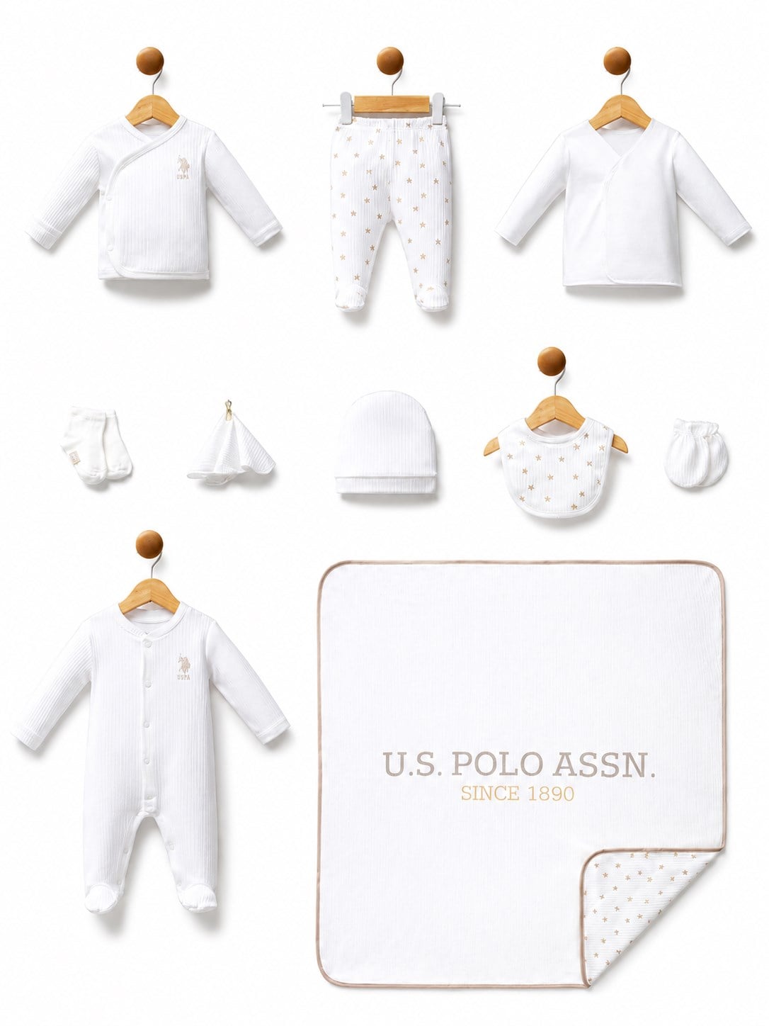 U.S. Polo Assn. %100 Pamuklu Yenidoğan Erkek Bebek 10 Parça Hastane Çıkışı Seti 0-3 Ay BEYAZ