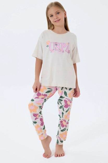 U.S. Polo Assn. Kız Çocuk Bisiklet Yaka Nakışlı Çiçek Desenli Pijama Takımı 4-8 Yaş BEJ