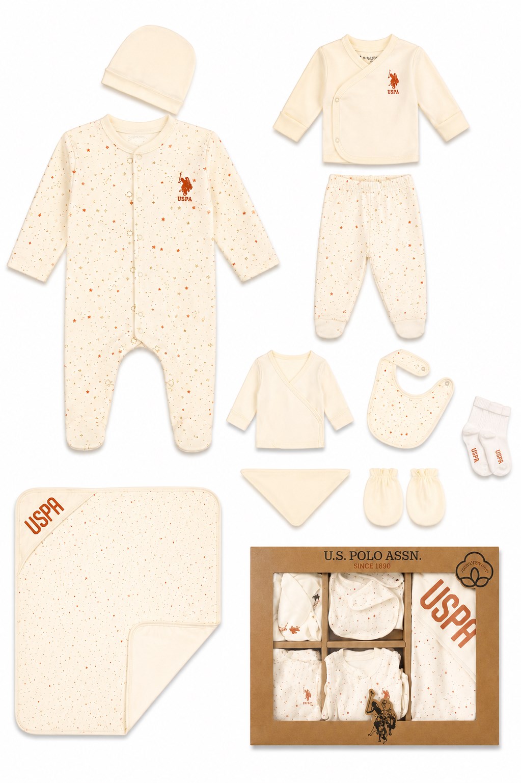 U.S. Polo Assn. Premium Antialerjik Bebek Krem 10'lu Zıbın ve Tulum Seti 0-3 Ay KREM