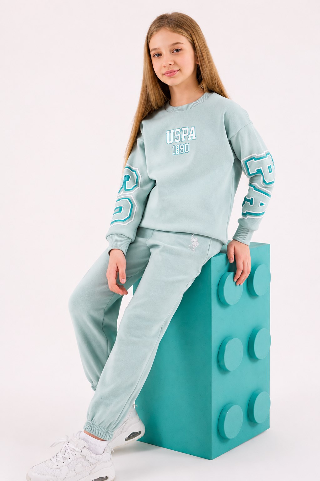 U.S. Polo Assn. Kız Çocuk Pembe USPA 1890 Baskılı Sweatshirt Pantolon Eşofman Takımı SU YEŞİLİ