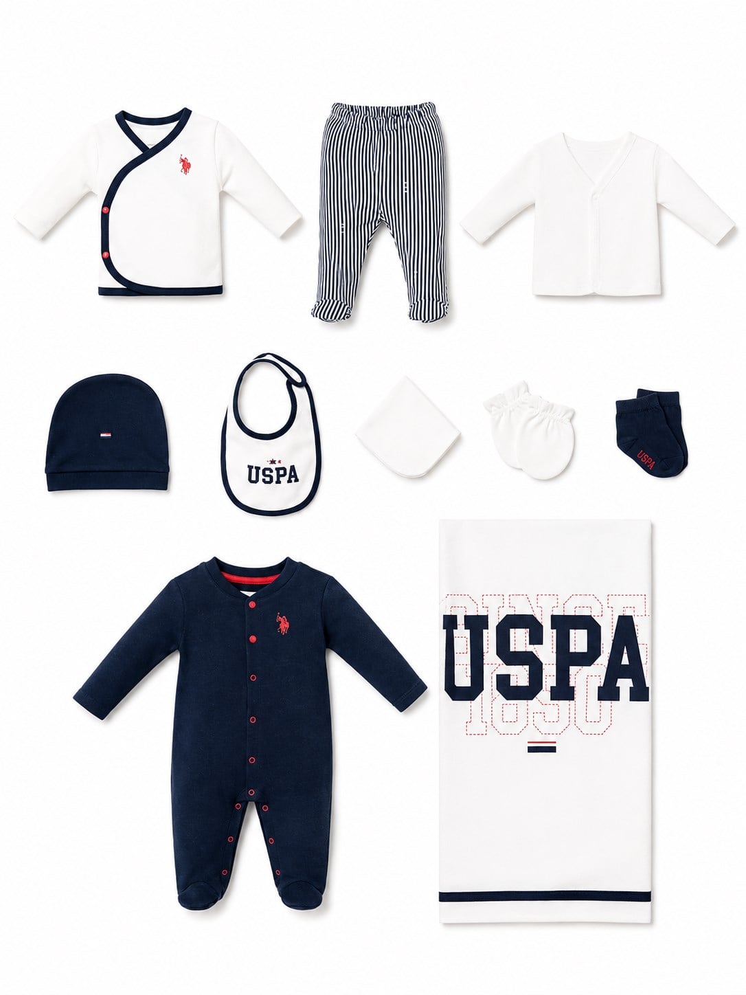 U.S. Polo Assn. Erkek Bebek Çizgi Detaylı  10'lu Hastane Çıkışı Seti 0-3 Ay BEYAZ