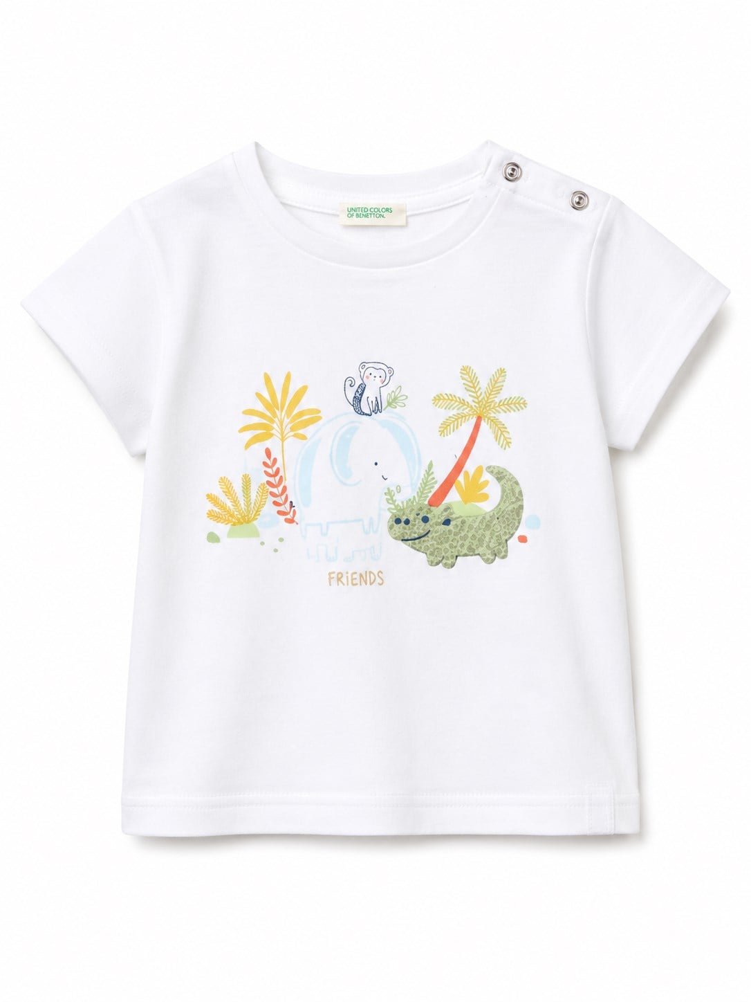 United Colors of Benetton Bebek Beyaz Omzu Çıtçıtlı Dinozor Baskılı Tişört 1-5 Yaş EKRU