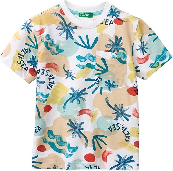 United Colors of Benetton Erkek Bebek Tropikal Palmiye Desenli Cepli Kısa Kollu Pamuklu Tişört 1-5 Yaş KREM