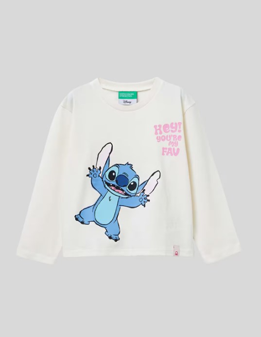 United Colors of Benetton Kız Bebek Disney Stitch Baskılı Uzun Kollu Tişört 1-6 Yaş EKRU