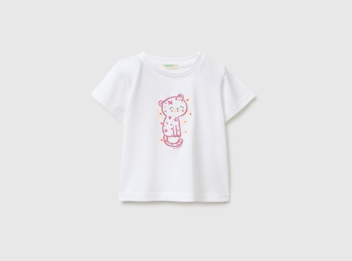 United Colors of Benetton Kız  Bebek Kabarık Su Bazlı Baskı Detaylı Gizli Çıtçıtlı T-Shirt 1-5 Yaş EKRU