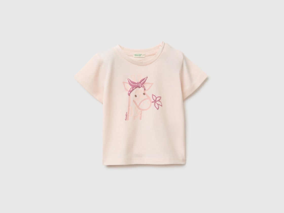 United Colors of Benetton Kız  Bebek Kabarık Su Bazlı Baskı Detaylı Gizli Çıtçıtlı T-Shirt 1-5 Yaş PUDRA