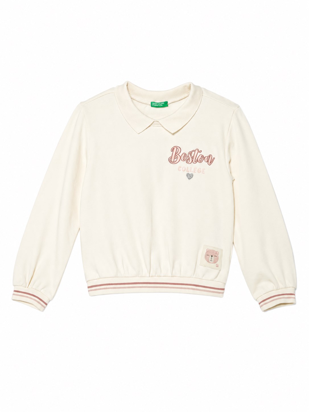 United Colors of Benetton Kız Bebek  Klasik Yaka Simli Grafik Baskılı Çizgi Detaylı Sweatshirt 0-6 Yaş EKRU