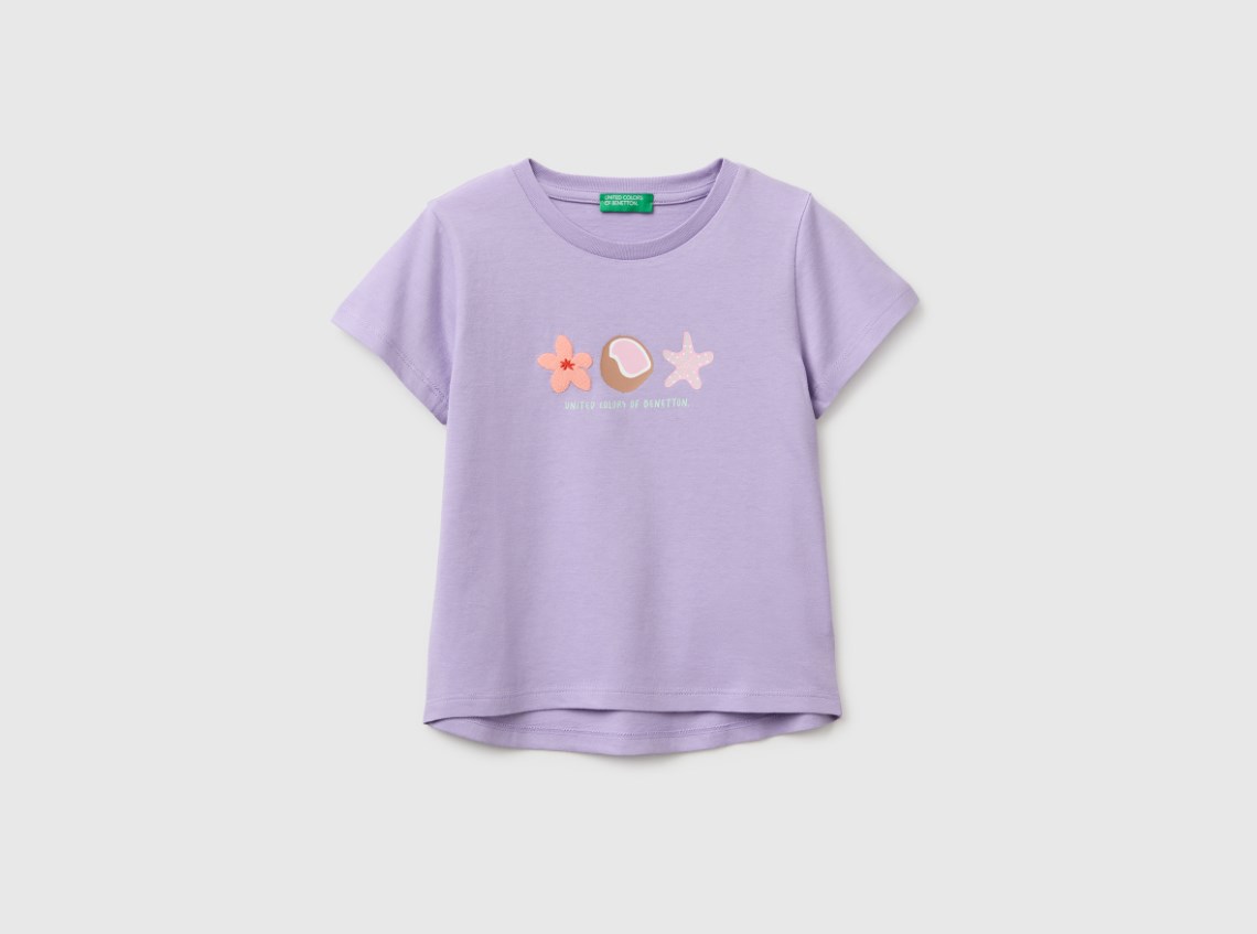 United Colors of Benetton Kız Bebek Lila Tropikal Baskılı Bisiklet Yaka Tişört 1-5 Yaş LİLA