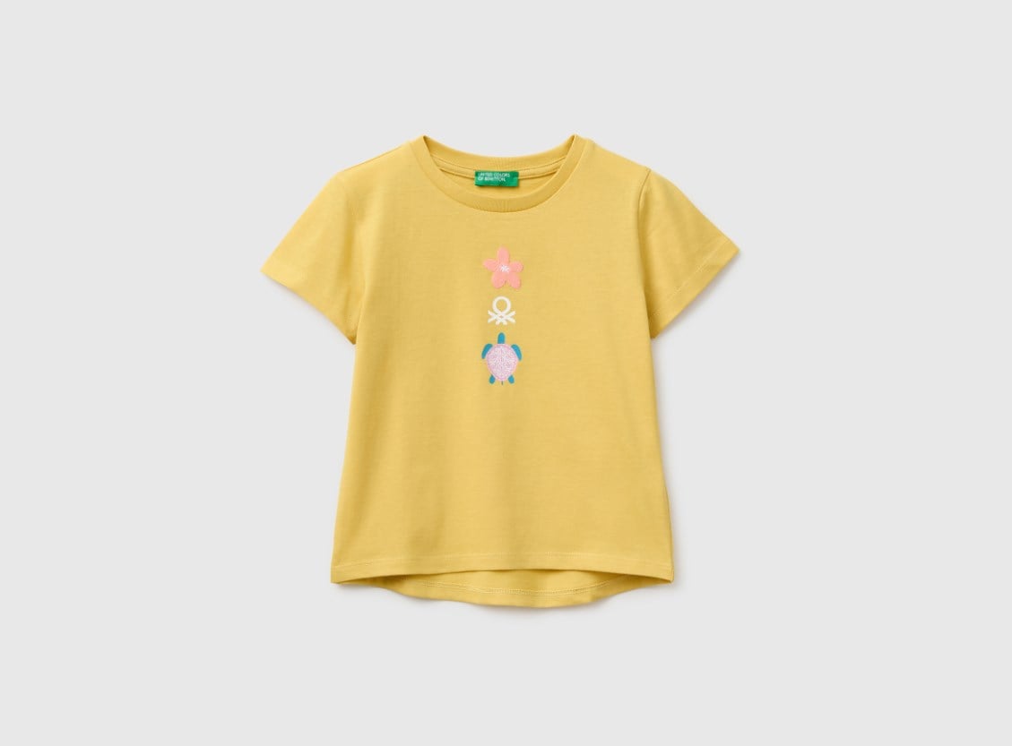 United Colors of Benetton Kız Bebek Lila Tropikal Baskılı Bisiklet Yaka Tişört 1-5 Yaş HARDAL