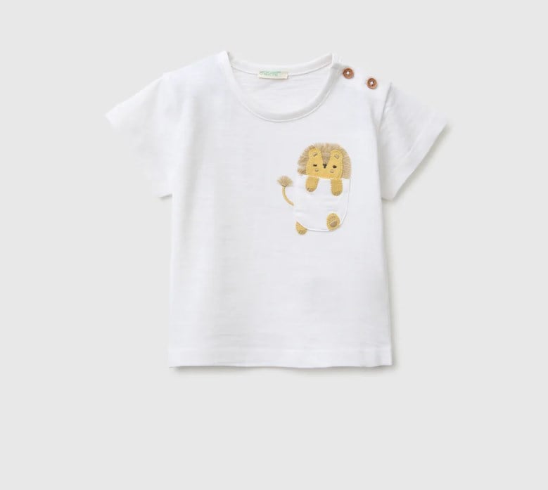 United Of Colors Benetton %100 Pamuklu Aslan Nakışlı Bebek Tişört 1-5 Yaş EKRU