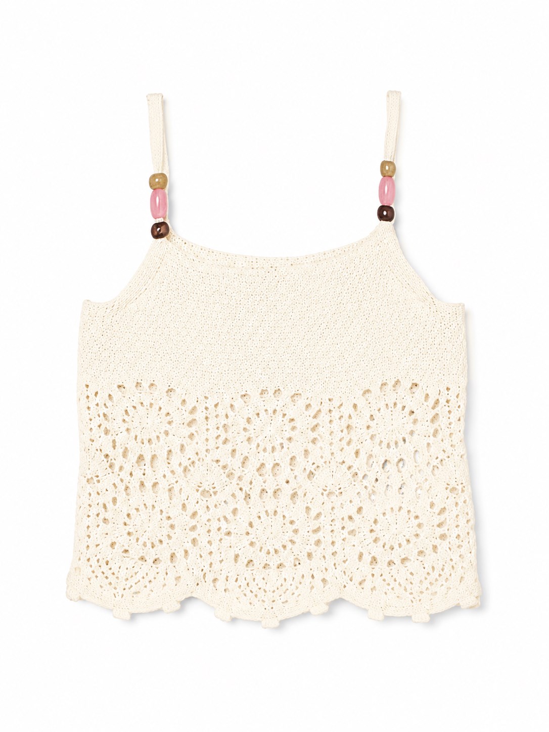 United Of Colors Benetton Kız Çocuk Boncuklu Askı Detaylı Ajur Örgü Crop Bluz 6-14 Yaş EKRU