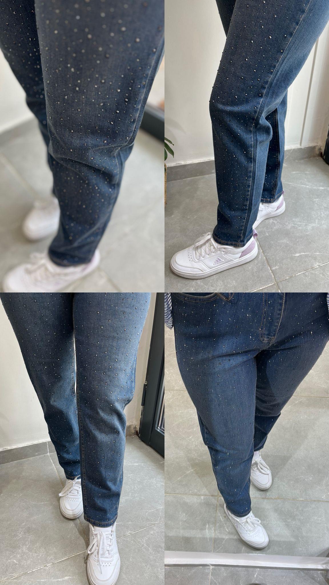 Mom Jeans Damla Taş İşlemeli Kot Pantolon Koyu Mavi 0291