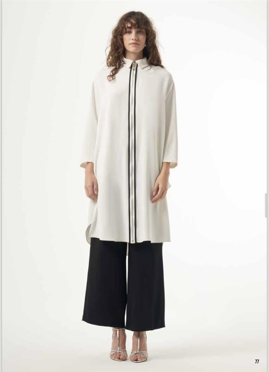 Nuss Tül Ve Fermuar Detaylı Kap Ceket 6004 Ekru