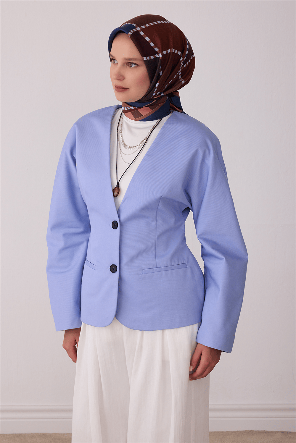 Petrol Geometrik Desen %100 Twill İpek Belli Eşarp 4419-54