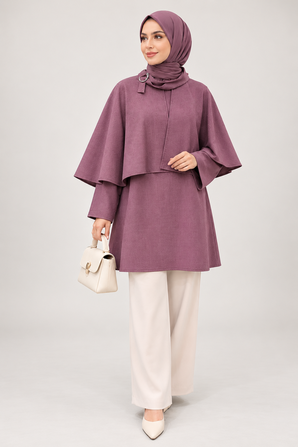 QMASHPRİVE 9229 Pelerinli Tunik Mürdüm