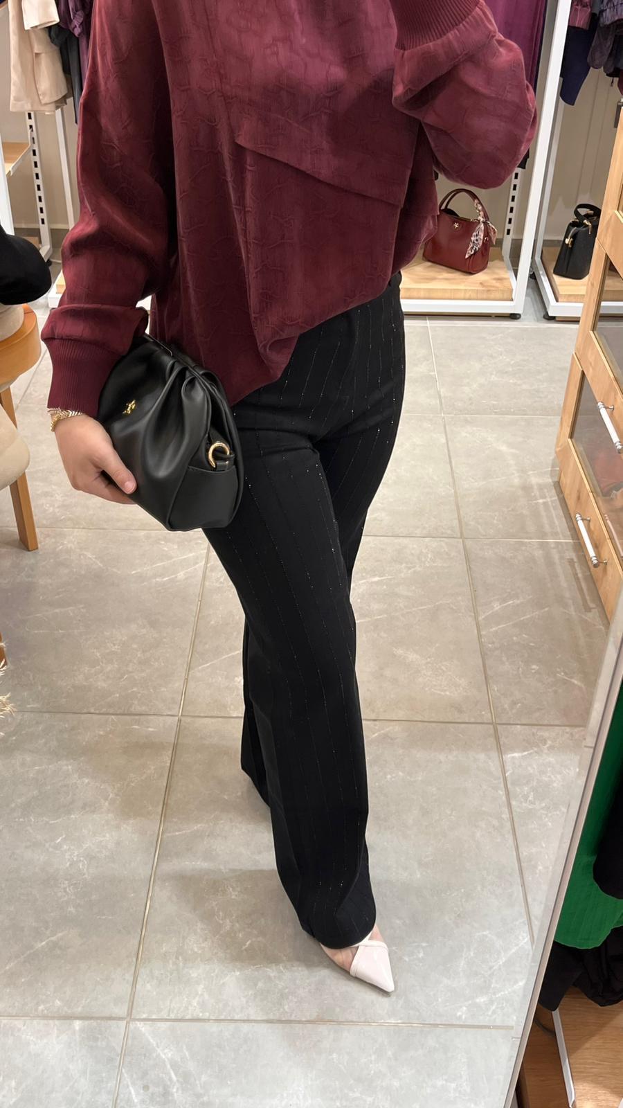 La Carte Kadın  Şerit Taşlı Bol Paça Pantolon Siyah