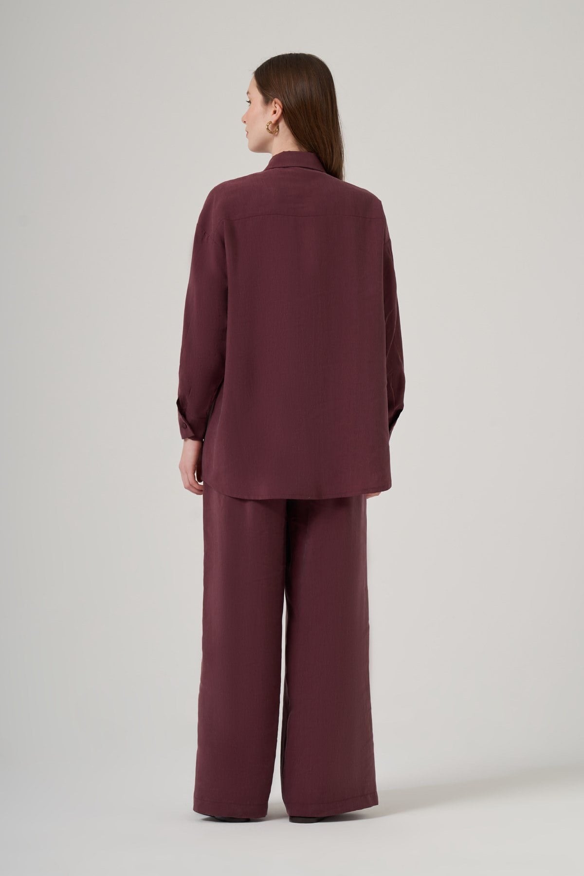 Nuss 1063 Tek Cep Kapak Detaylı Tencel Kumaş Gömlek Yaka Pantolonlu Takım Mürdüm