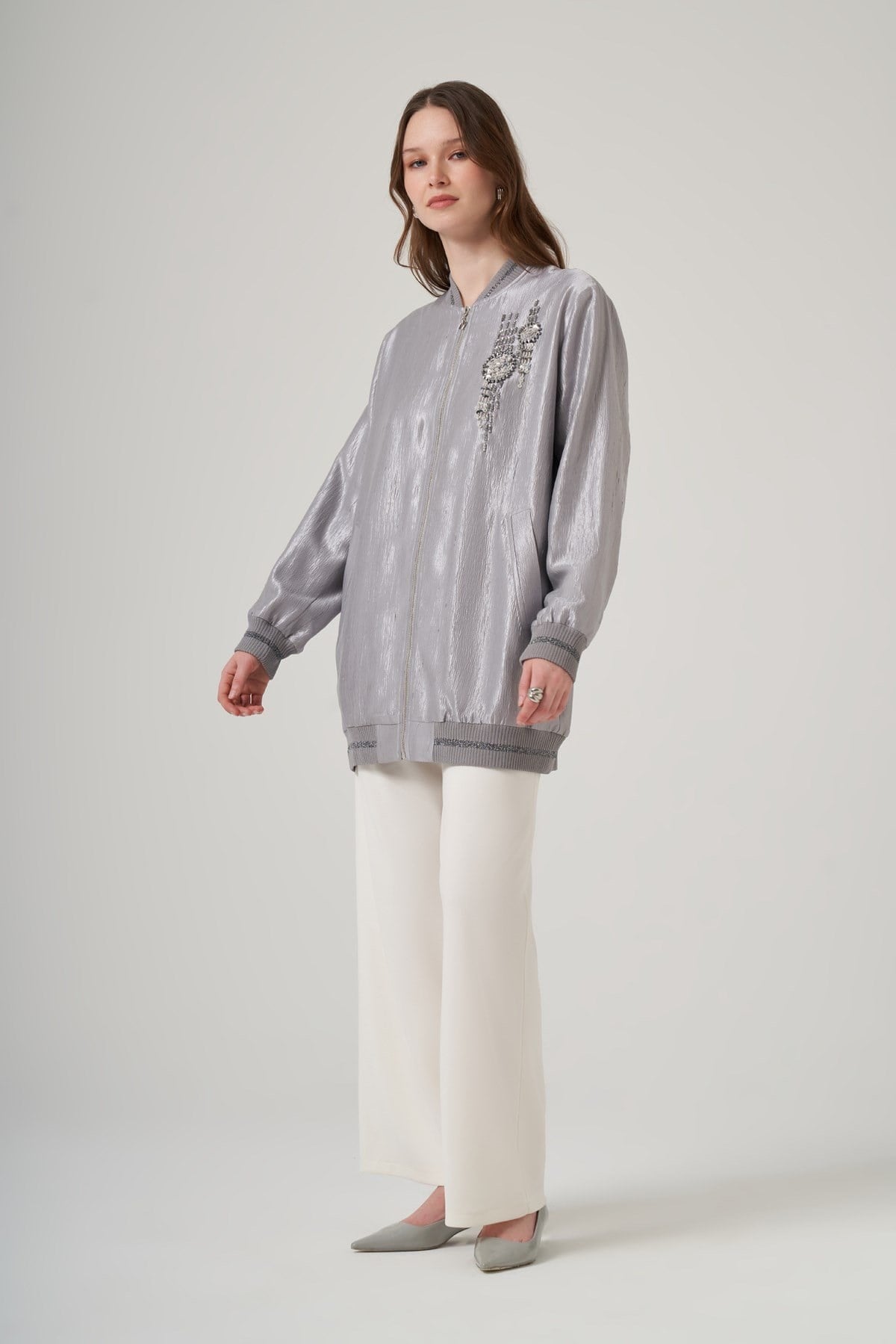 Nuss 6038 Taş İşlemeli Jakar Bamber Kap Gri