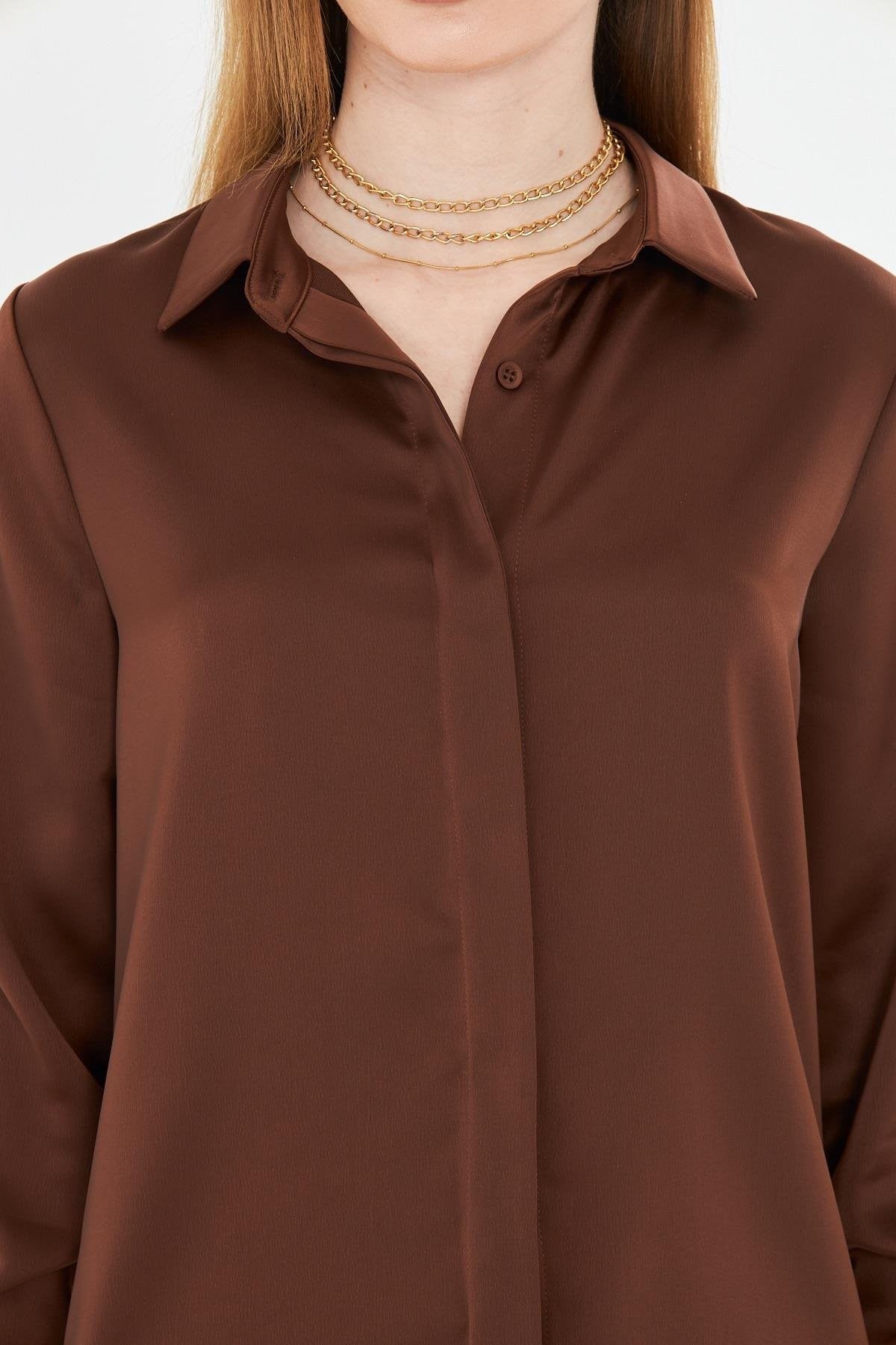 Lovelf Klasik Saten Gömlek Kahve