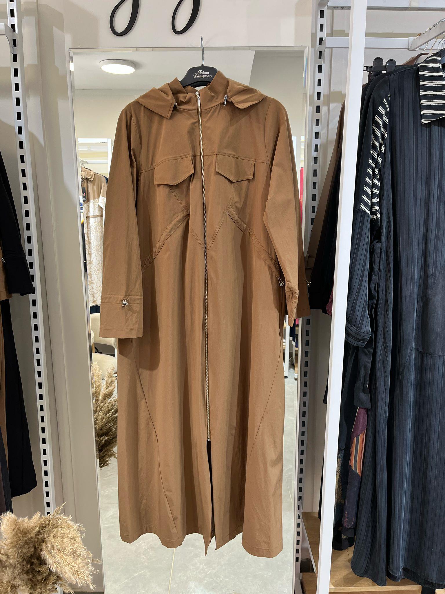 Fatma Danışman Fermuarlı Kapşonlu Trenç Taba 4456