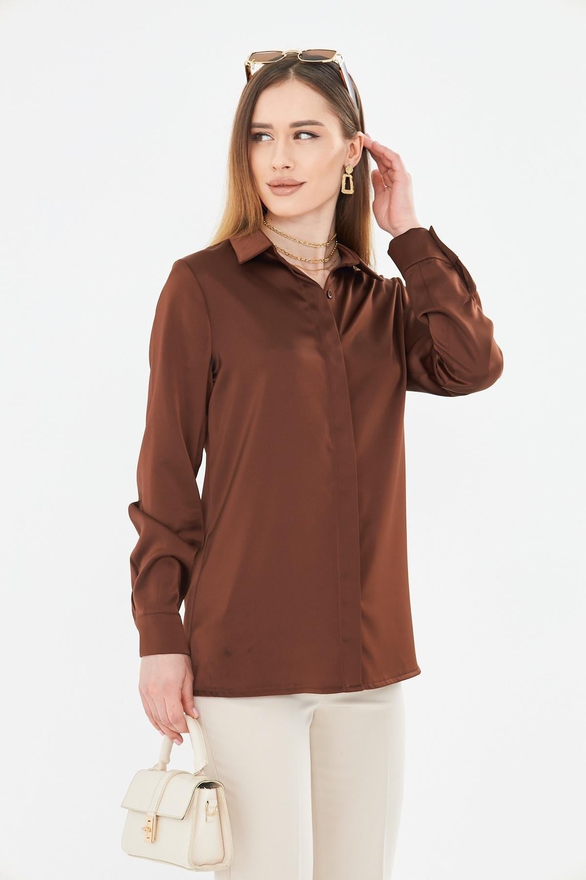 Lovelf Klasik Saten Gömlek Kahve