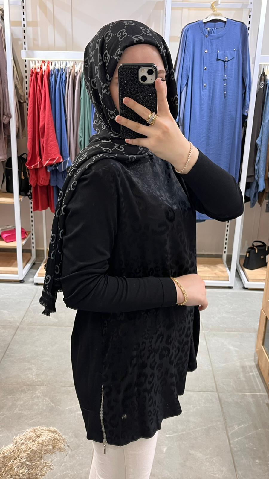 Nuss 3002 Leopar Jakar Detay Merserize Tunik Siyah