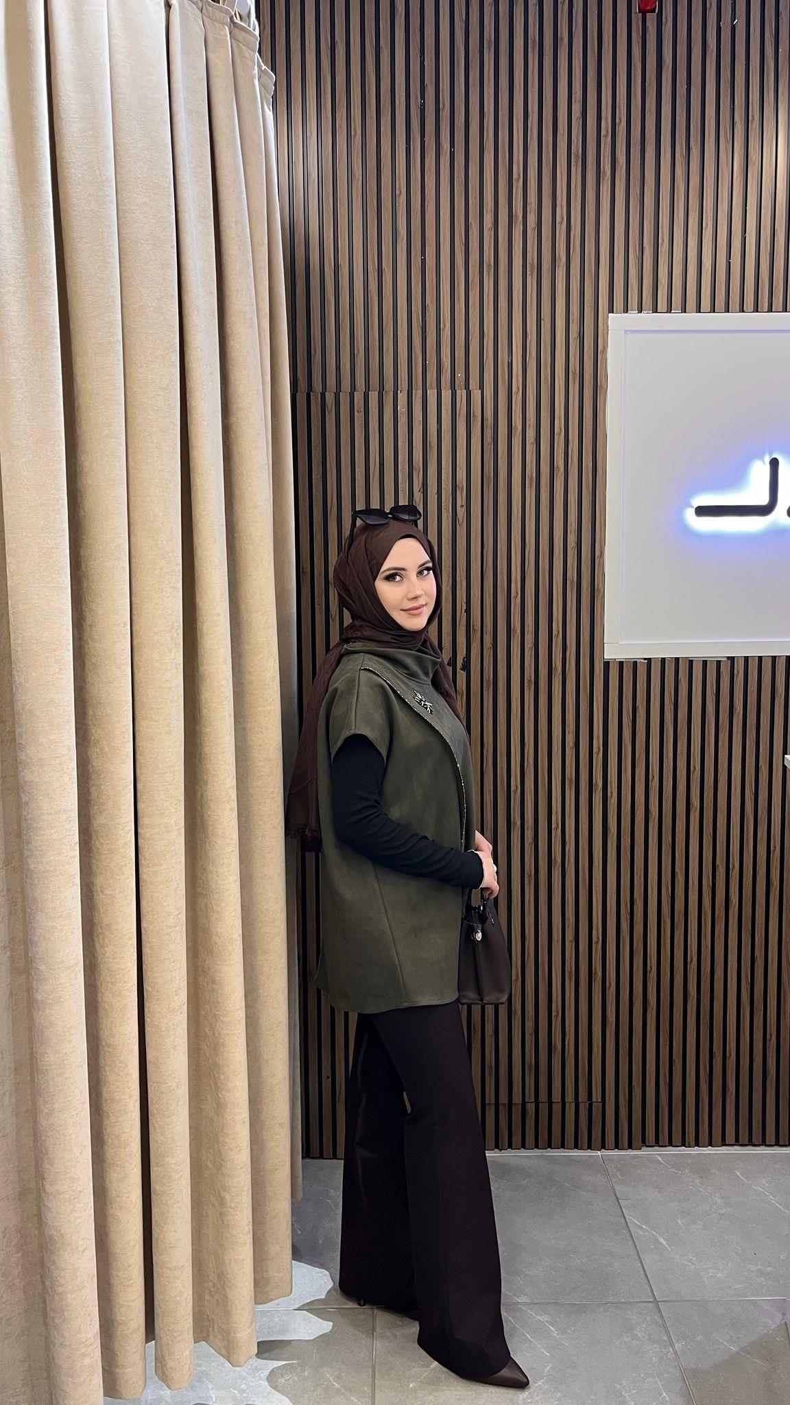 Qmash 02911 Süet Süveter Yeşil – Yaprak İşleme Detaylı Dik Yaka