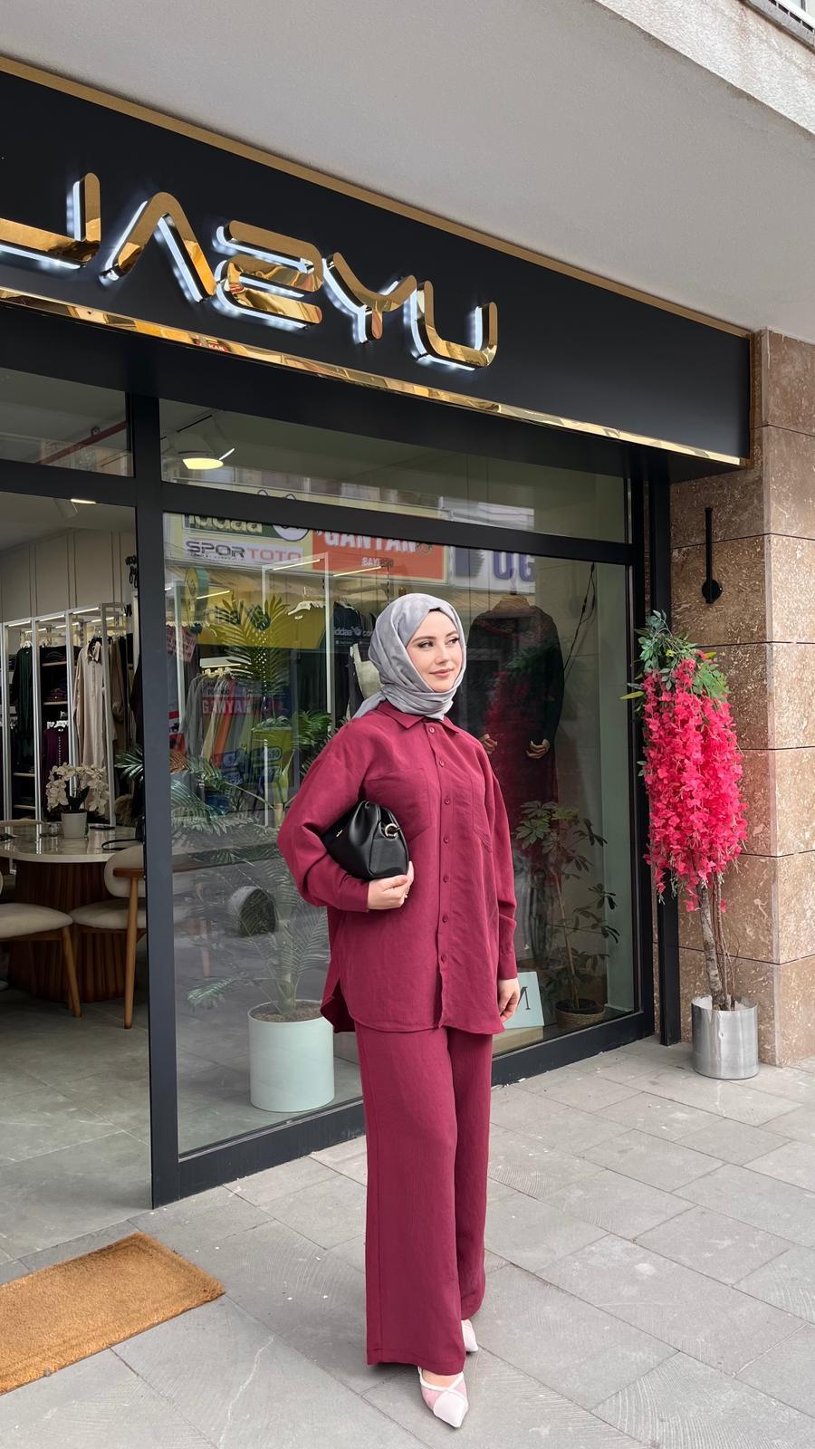 Nuss 1021 Kendinden Çizgili Pantolonlu Takım Bordo