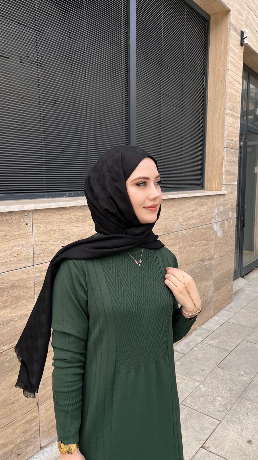 Nuss 509 Desenli Triko Elbise Zümrüt