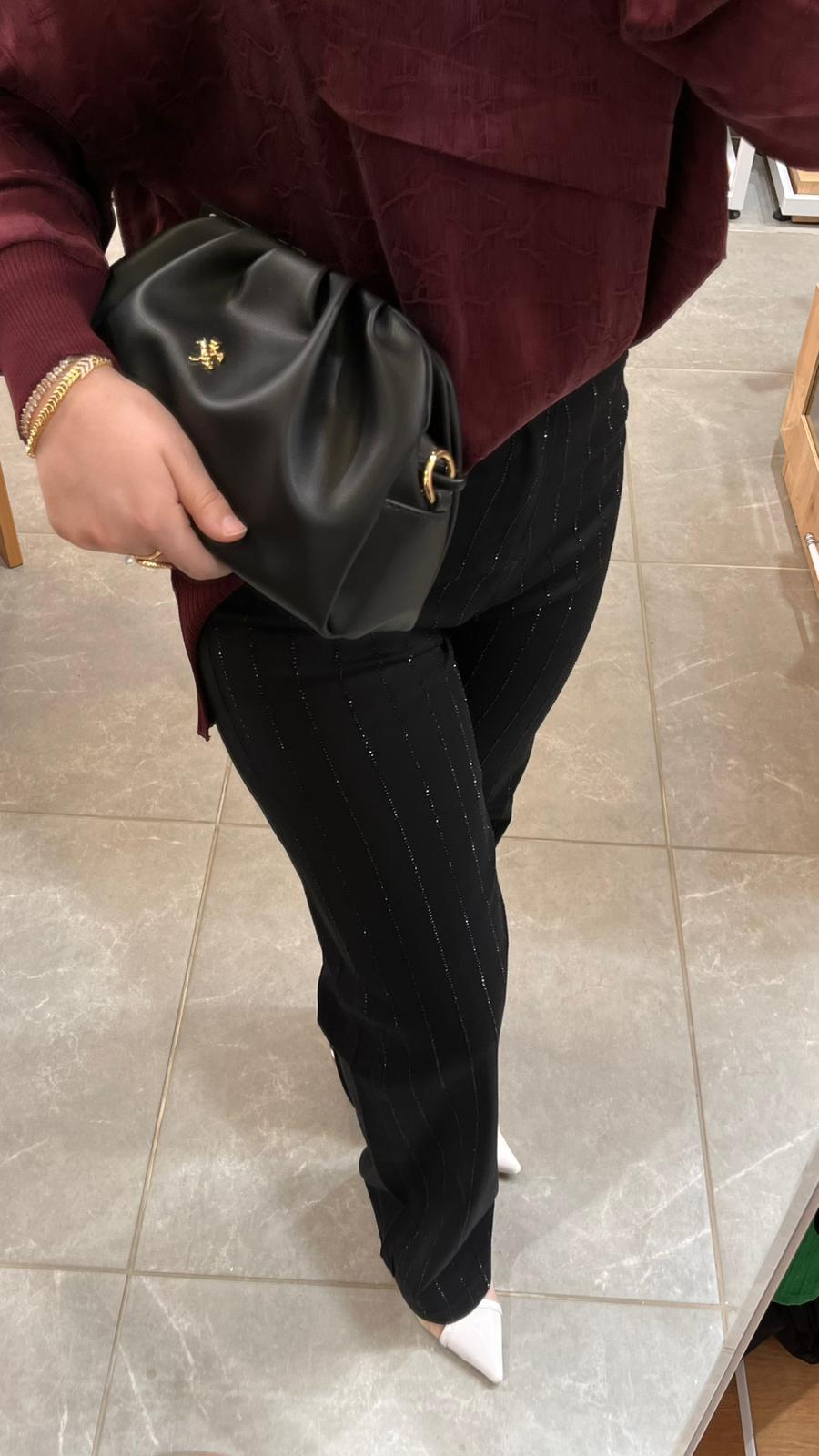 La Carte Kadın  Şerit Taşlı Bol Paça Pantolon Siyah