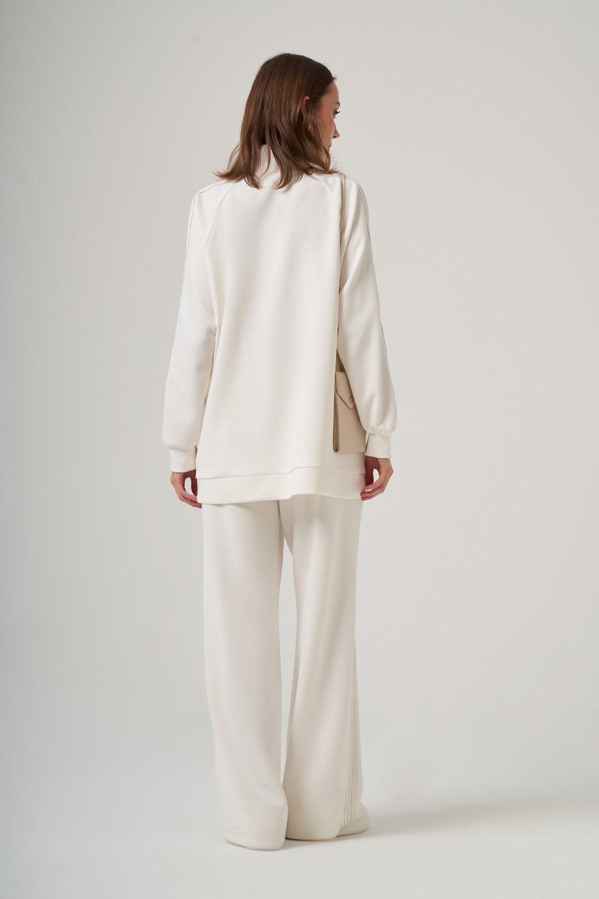 Nuss 1092 Şerit Detaylı Önden Full Fermuarlı Pantolonlu Takım Ekru