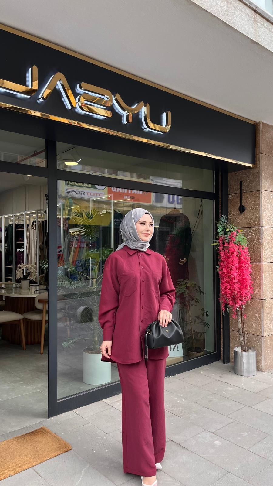 Nuss 1021 Kendinden Çizgili Pantolonlu Takım Bordo