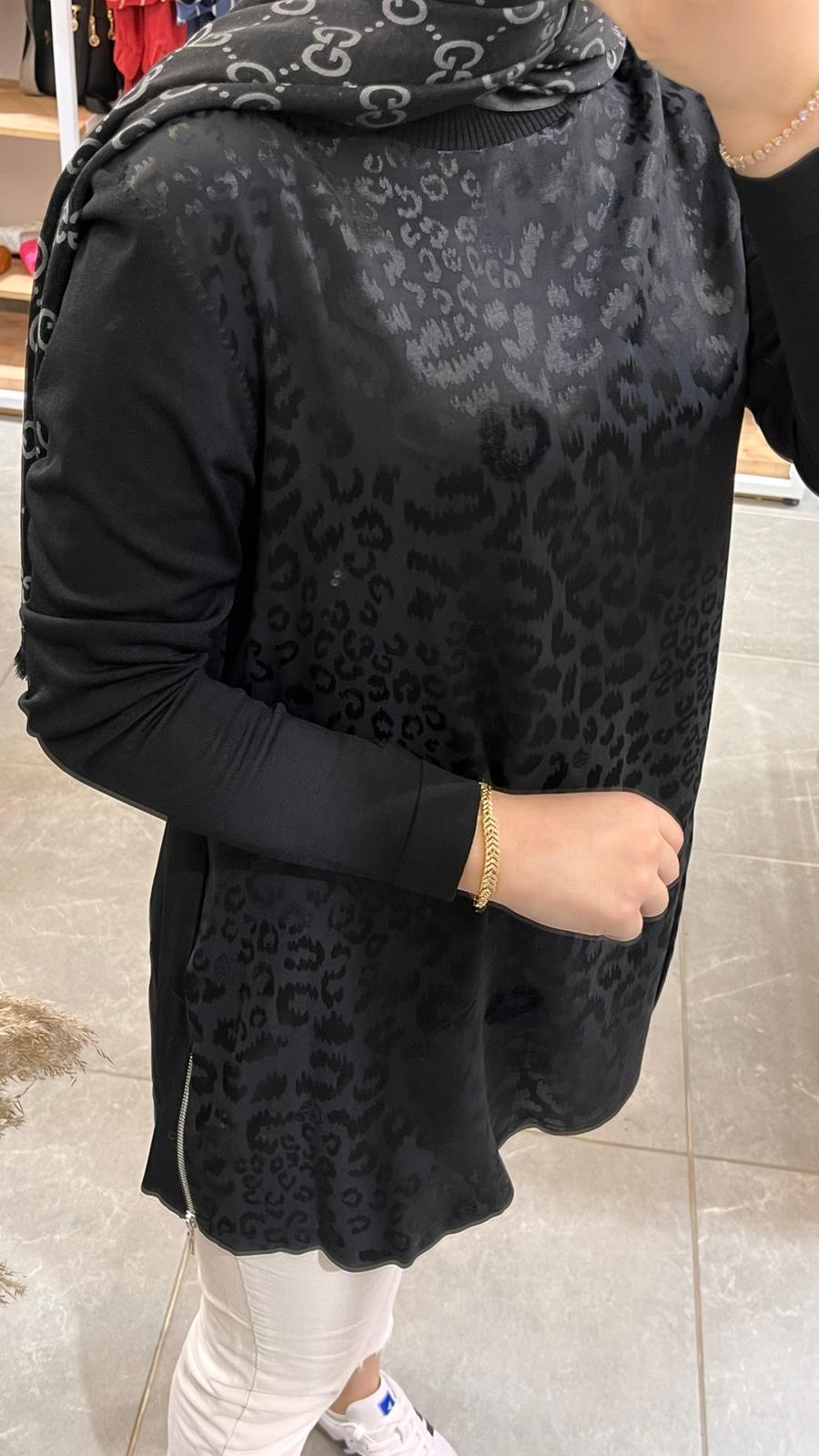 Nuss 3002 Leopar Jakar Detay Merserize Tunik Siyah
