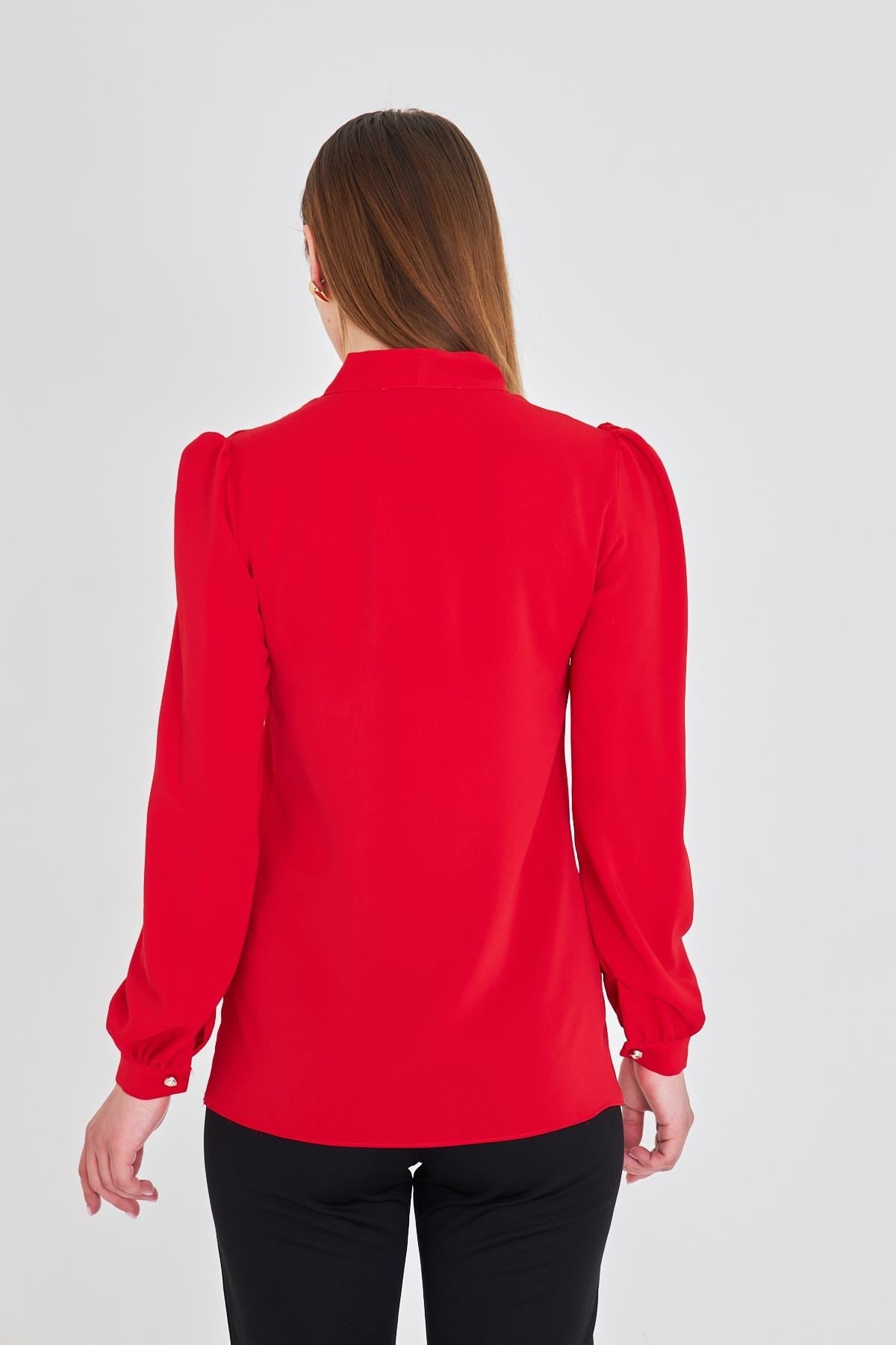 Lovelf Büzgü Kol Fularlı Gömlek Kırmızı