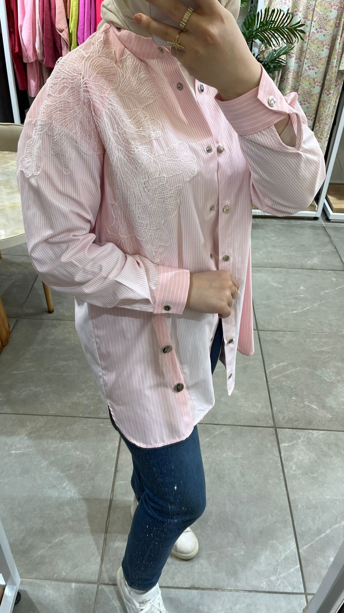 Qmash Nakış Detaylı Çizgili Gömlek Pembe 9189