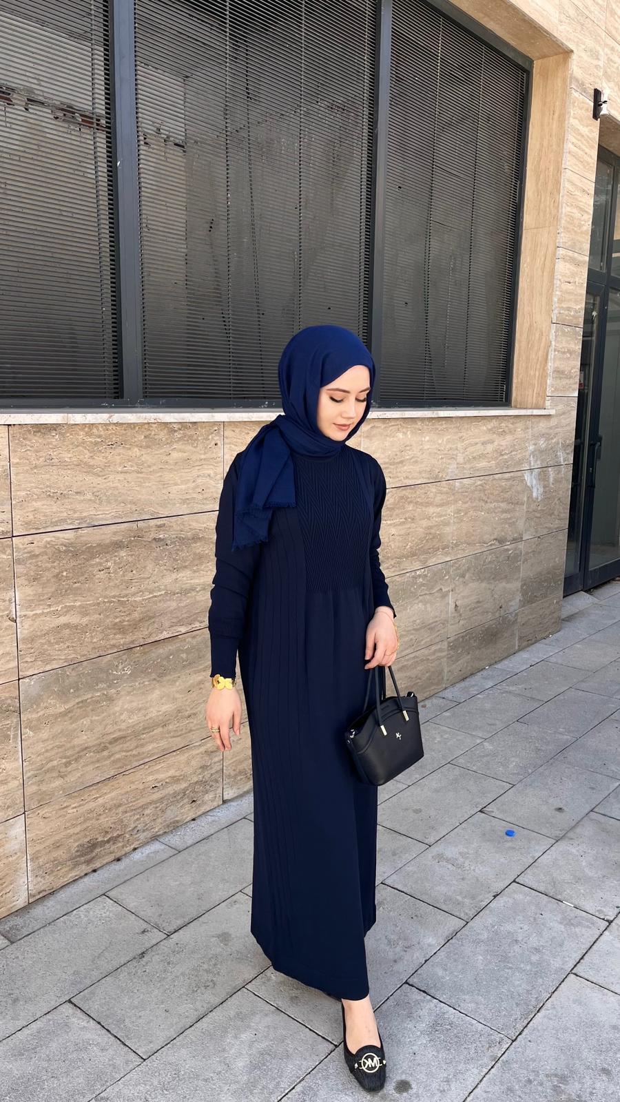 Nuss 509 Desenli Triko Elbise Lacivert