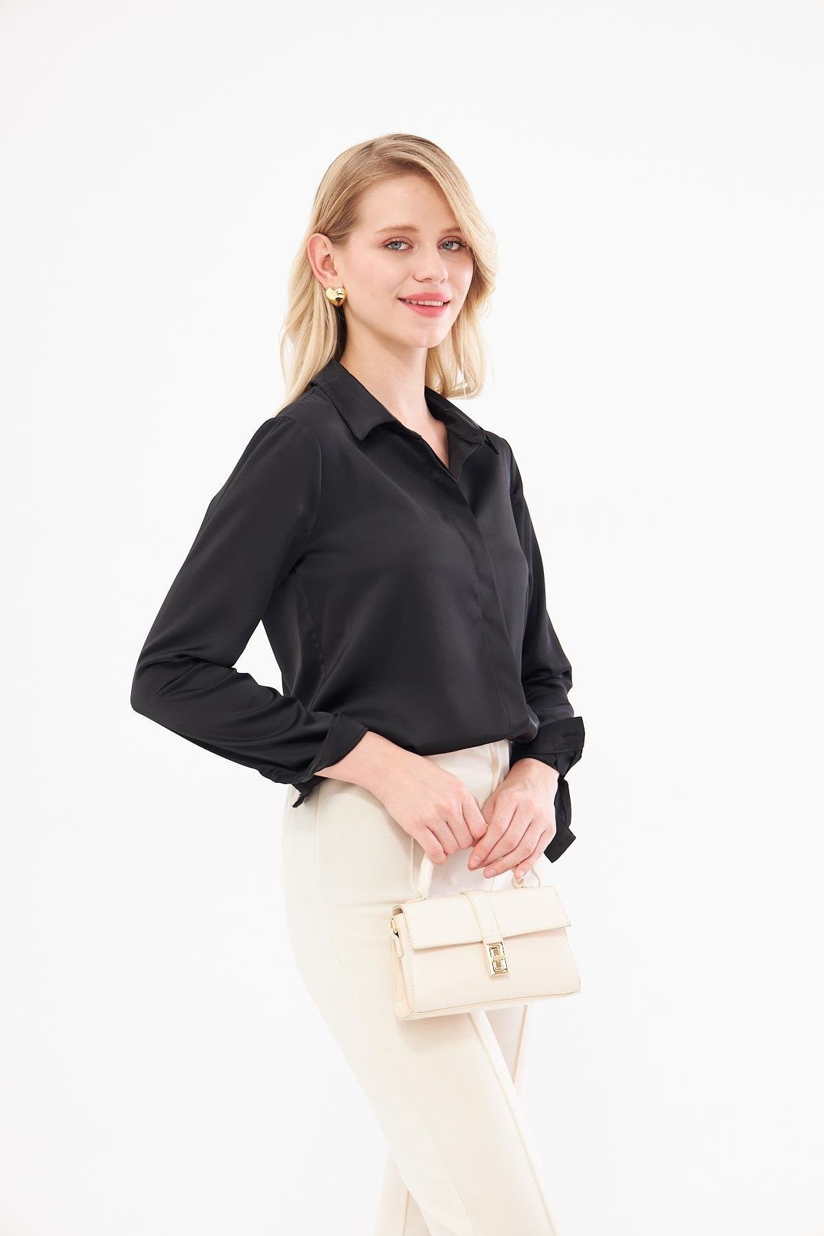 Lovelf Klasik Saten Gömlek Siyah