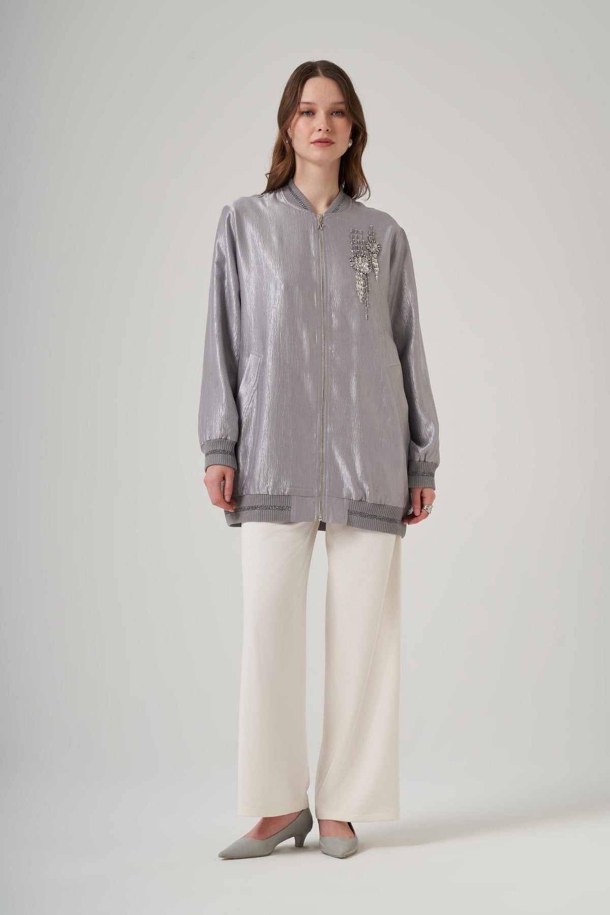 Nuss 6038 Taş İşlemeli Jakar Bamber Kap Gri