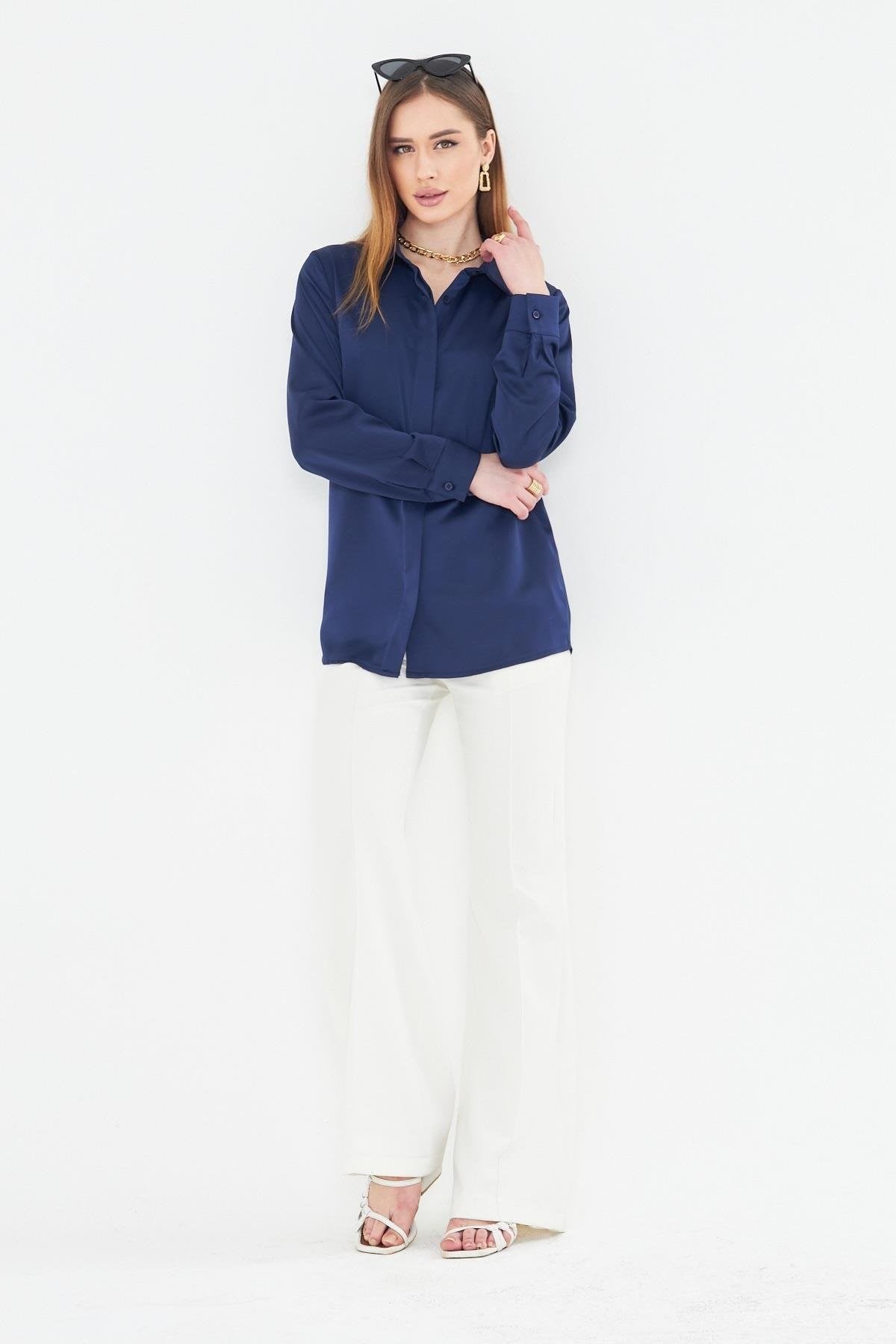 Lovelf Klasik Saten Gömlek Lacivert