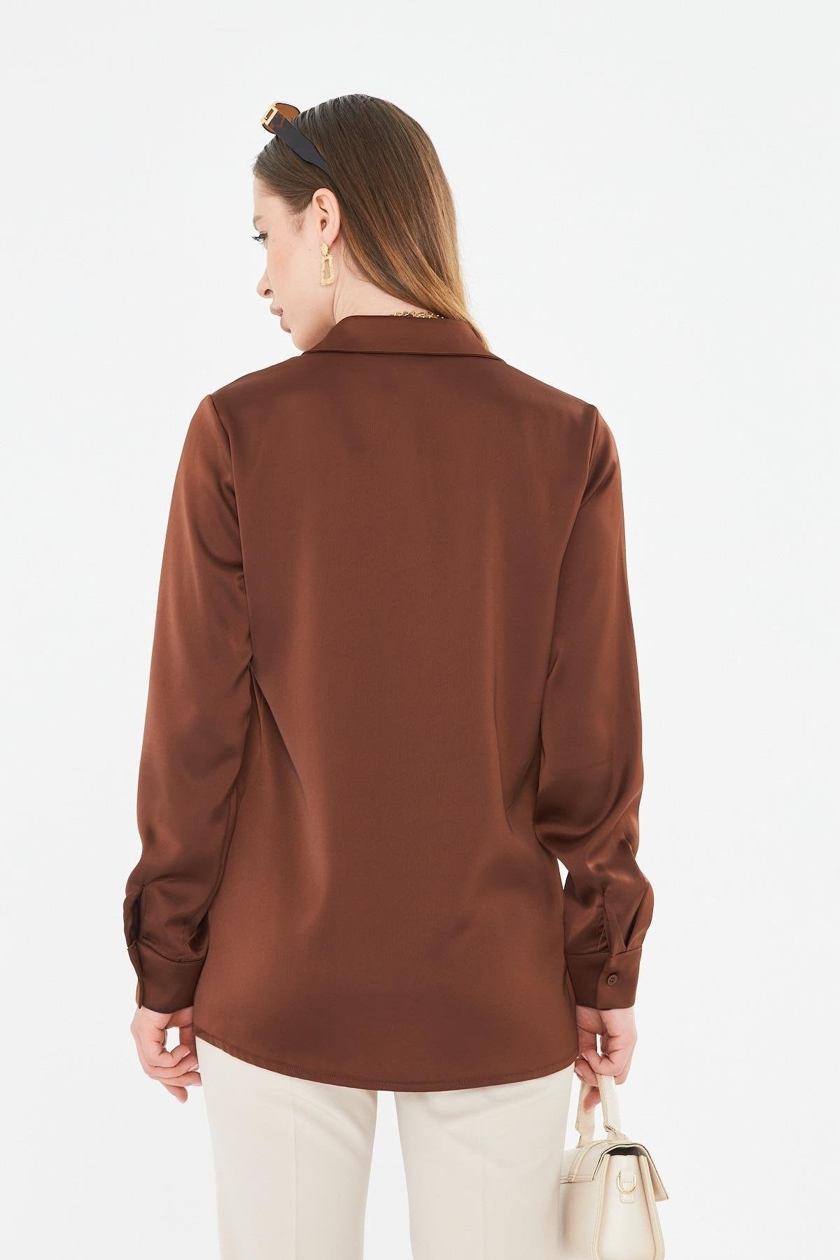 Lovelf Klasik Saten Gömlek Kahve