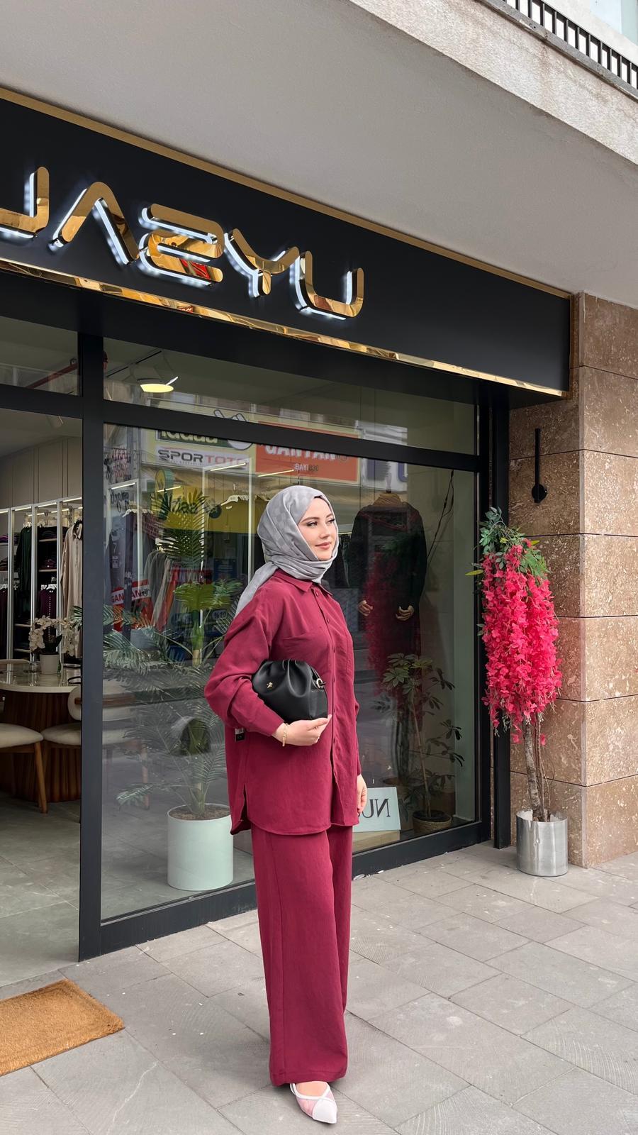 Nuss 1021 Kendinden Çizgili Pantolonlu Takım Bordo