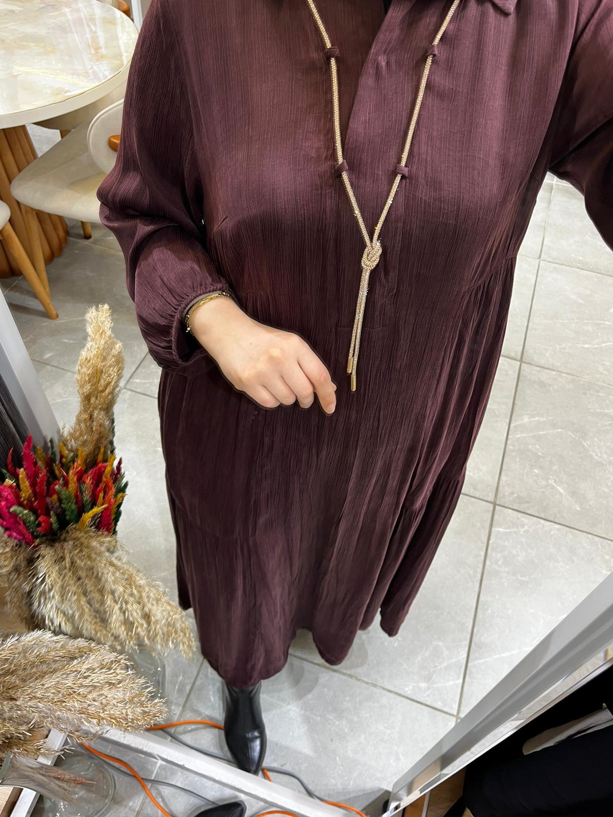 LissMore 5793 Kolye Detay Kırışık Elbise Bordo