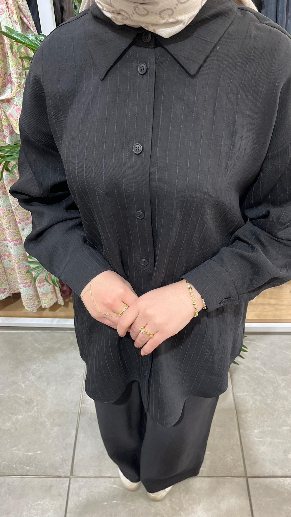 Nuss 1081 Kendinden Çİzgili Pantolonlu Takım Siyah