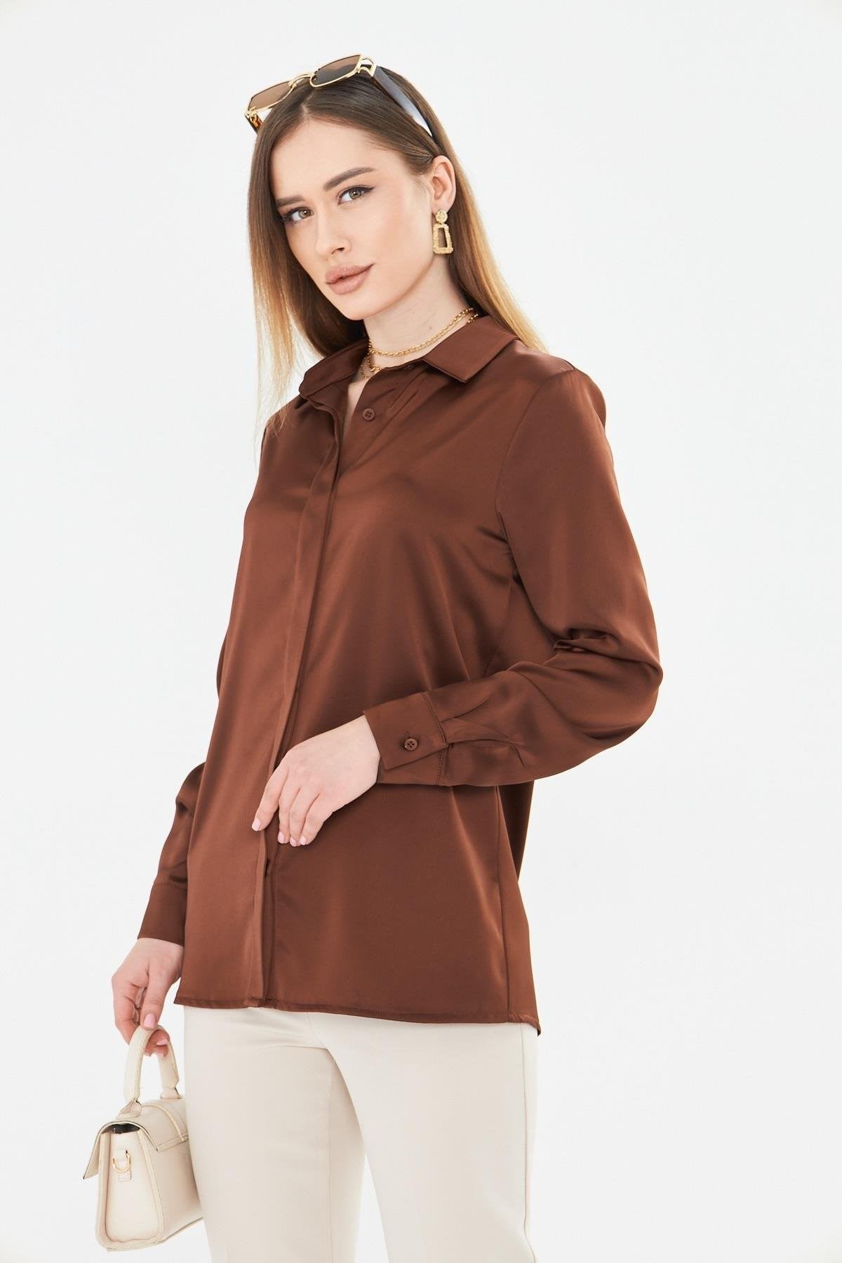 Lovelf Klasik Saten Gömlek Kahve