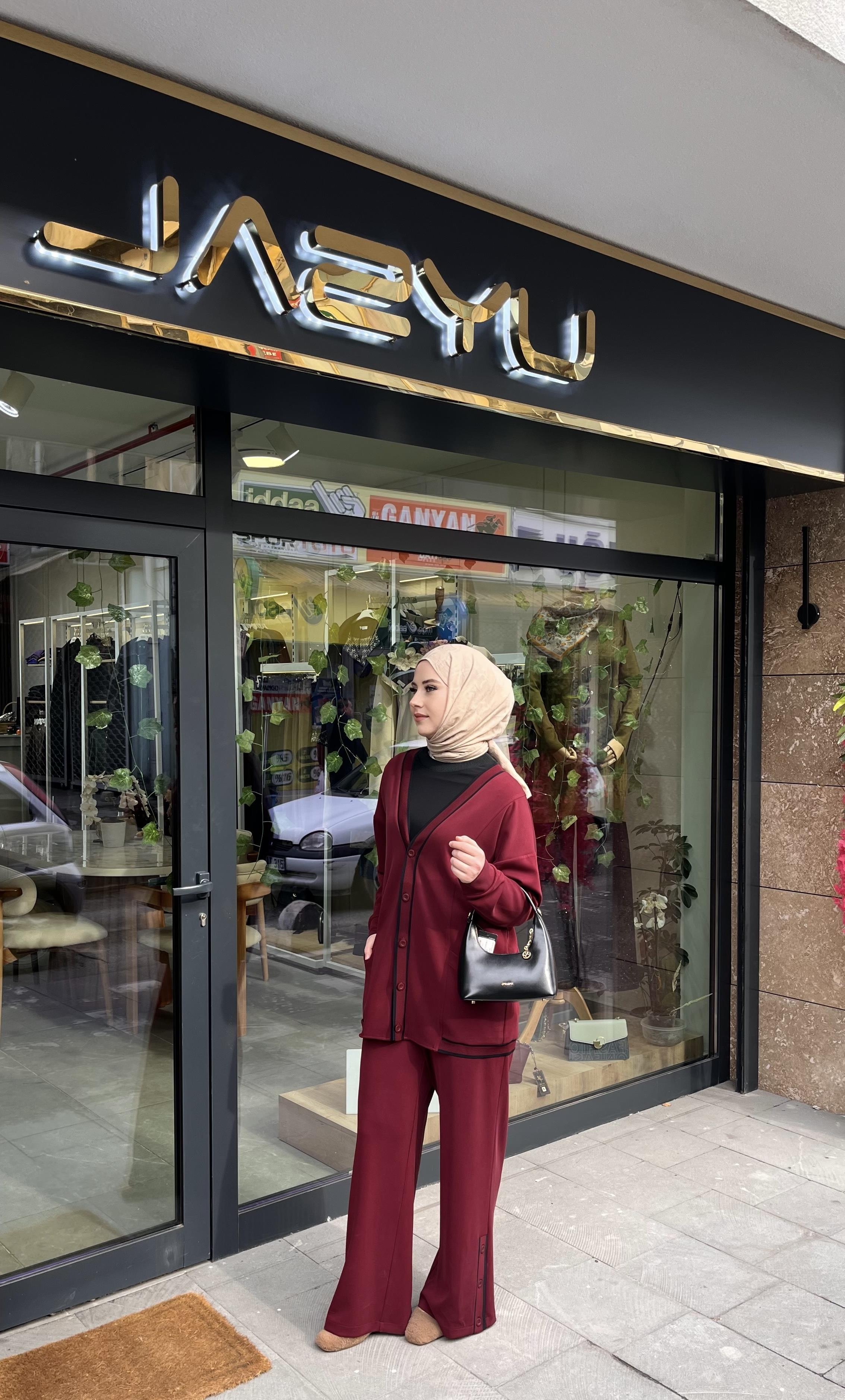 Tığ Triko 5035 Çizgi Detaylı Ribana Takım Bordo