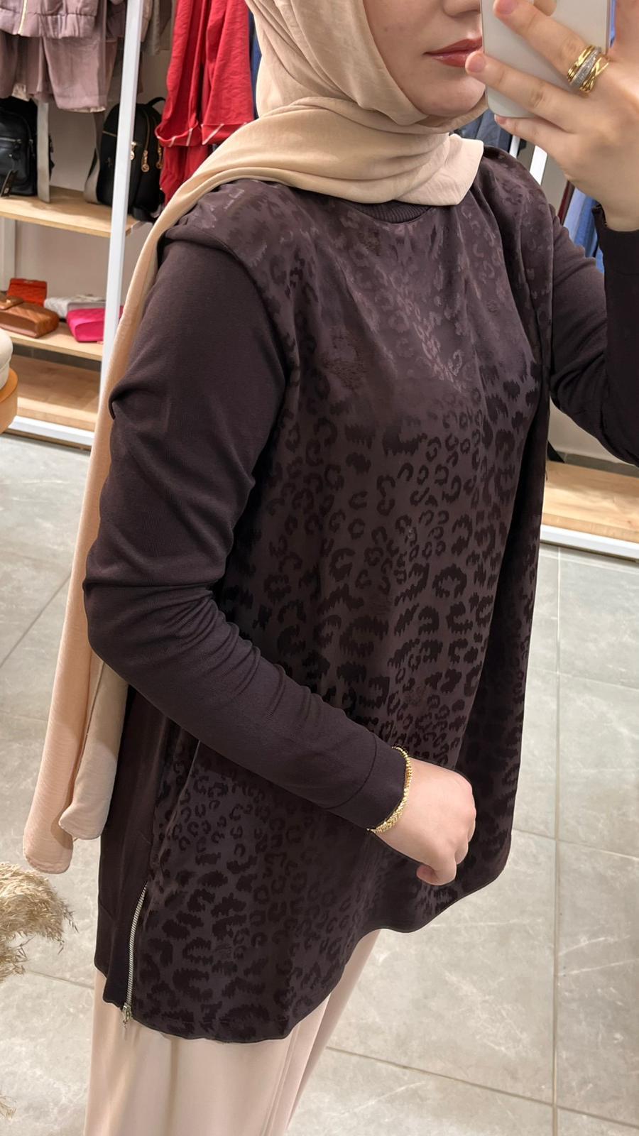Nuss 3002 Leopar Jakar Detay Merserize Tunik Kahve
