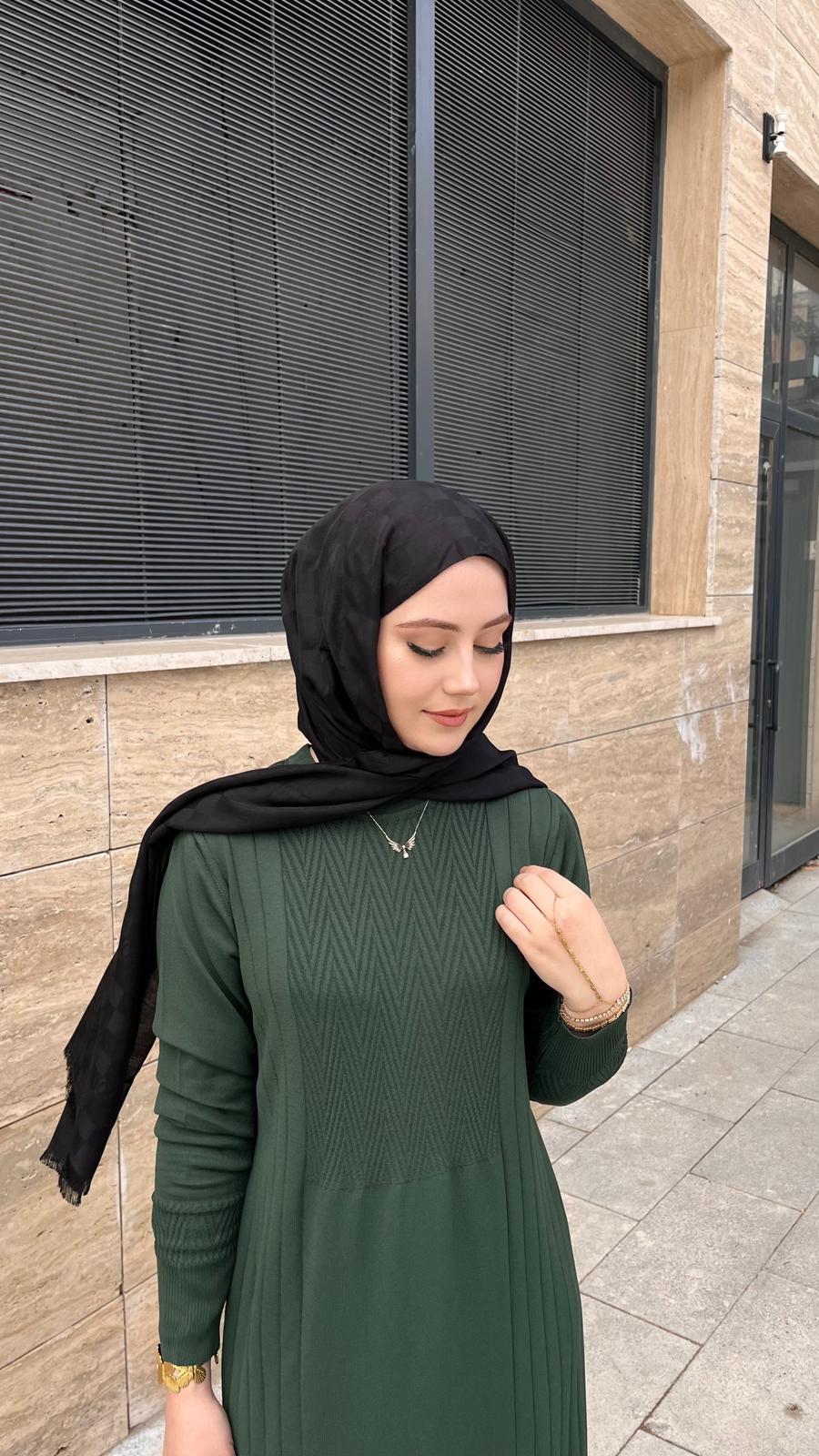 Nuss 509 Desenli Triko Elbise Zümrüt