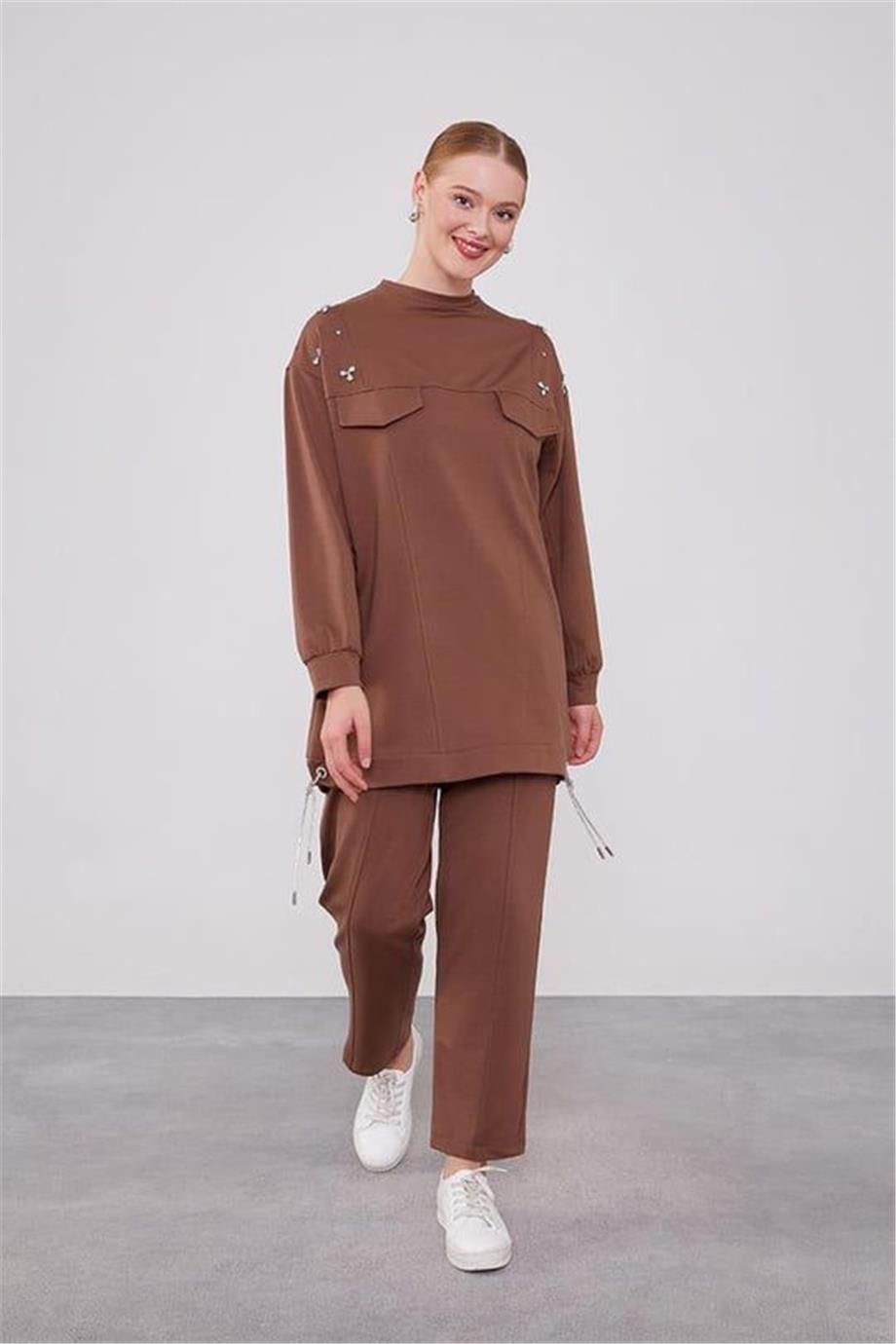 Cep Detaylı Pantalonlu Takım Kahve Levidor