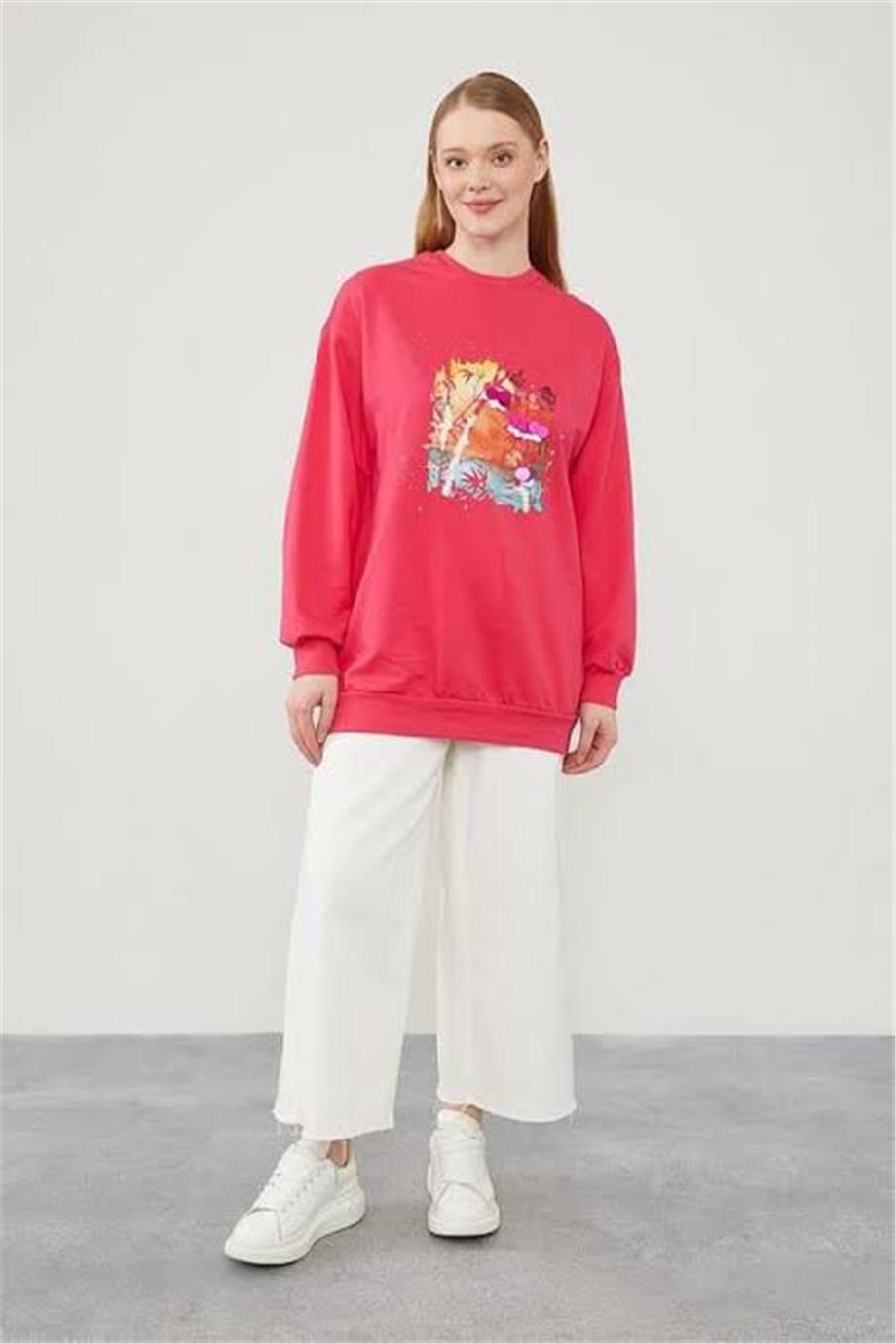 Önü Desenli Sweat Fuşya